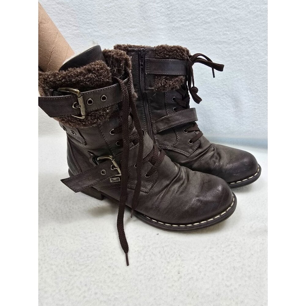 Rieker Womens Size 40 9 Brown Leather Combat Boots W/Faux Fur Lining Side Zipper